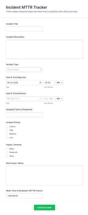 Incident MTTR Tracker Form Template
