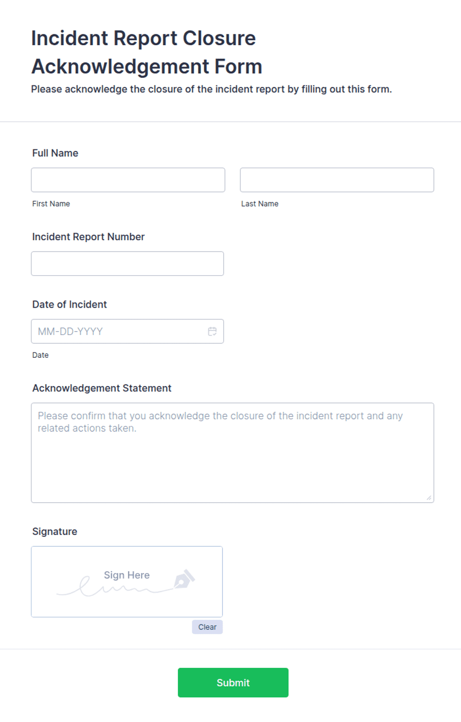 Incident Report Closure Acknowledgement Form Template | Jotform