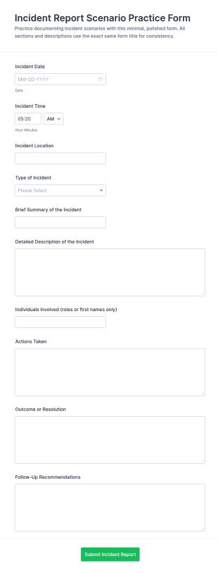 Incident Report Scenario Practice Form Template