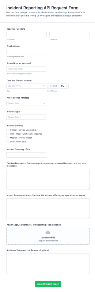 Incident Reporting API Request Form Template