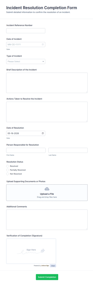 Incident Resolution Completion Form Template