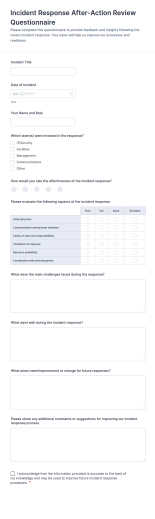Incident Response After Action Review Questionnaire Form Template