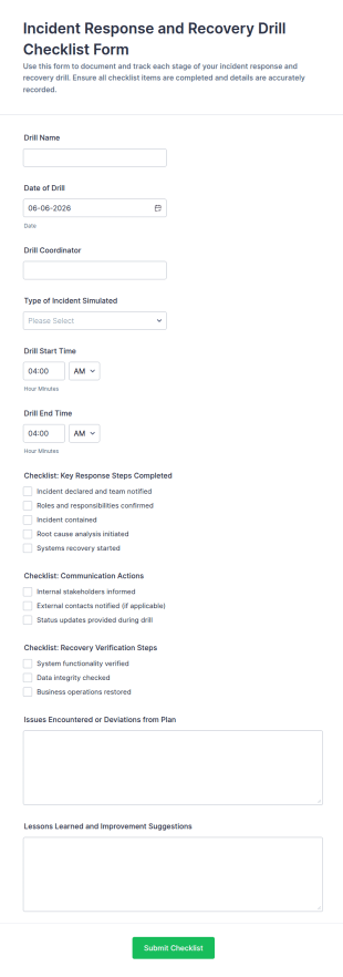 Incident Response And Recovery Drill Checklist Form Template