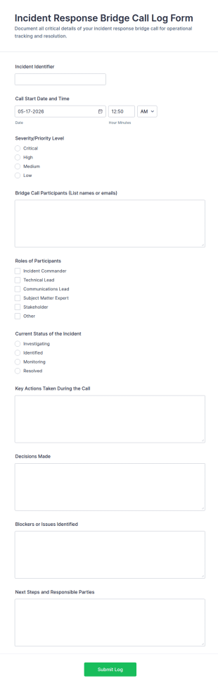 Incident Response Bridge Call Log Form Template