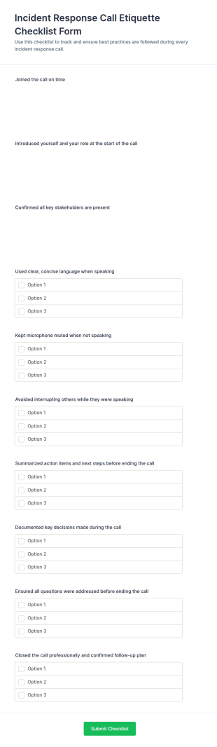 Incident Response Call Etiquette Checklist Form Template