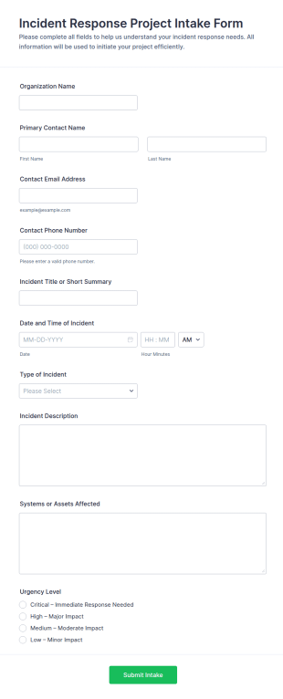 Incident Response Project Intake Form Template