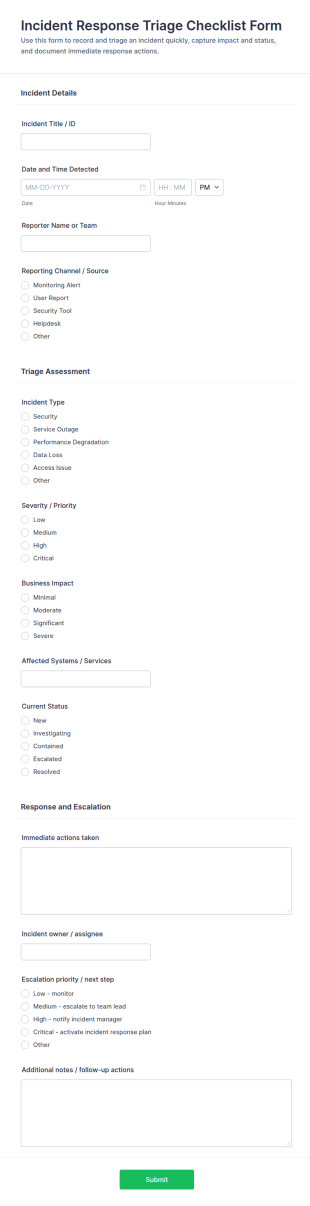 Incident Response Triage Checklist Form Template