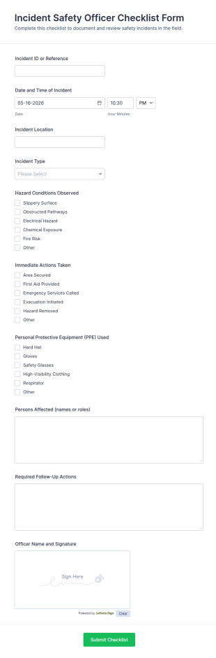 Incident Safety Officer Checklist Form Template
