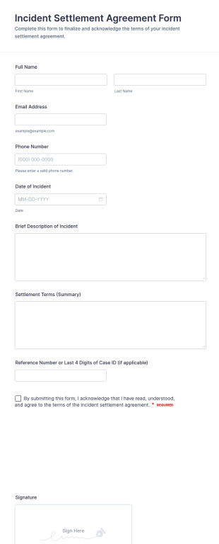 Incident Settlement Agreement Form Template