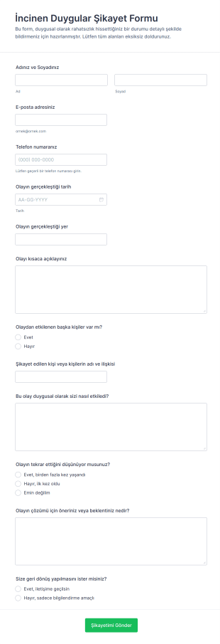 İncinen Duygular Şikayet Form Şablonu
