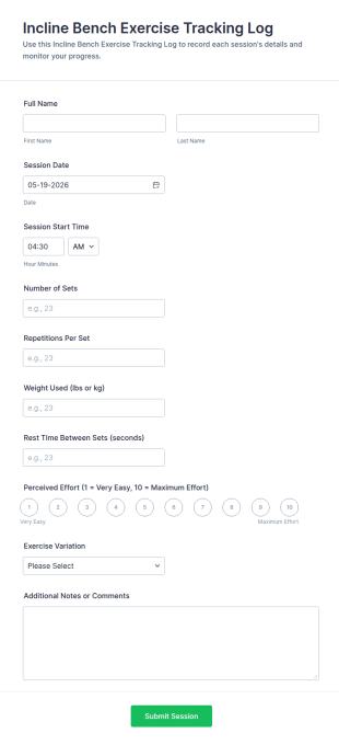 Incline Bench Exercise Tracking Log Form Template