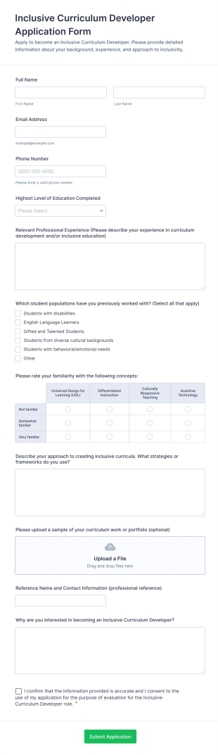 Inclusive Curriculum Developer Application Form Form Template
