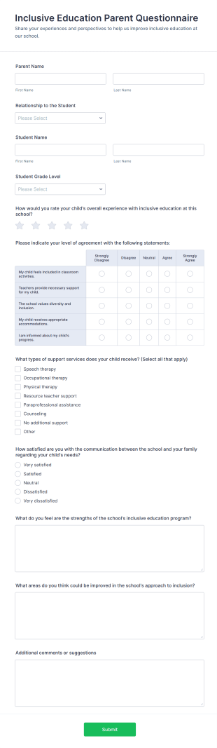 Inclusive Education Parent Questionnaire Form Template