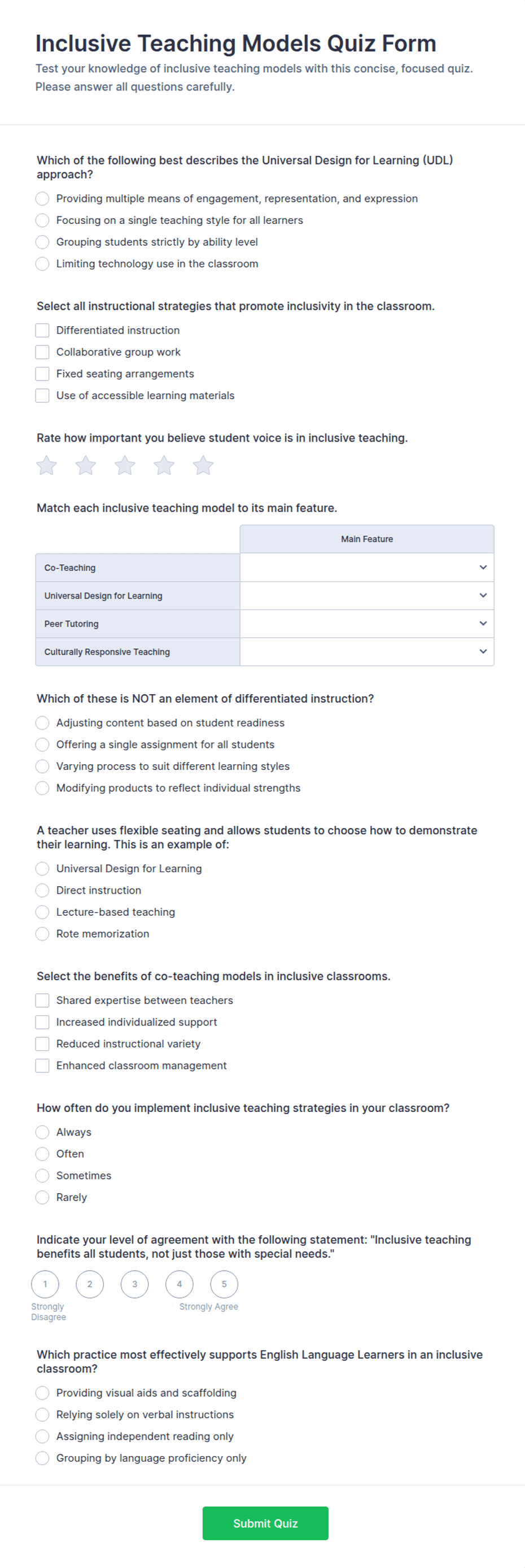 Rmv Forms.pdf Inclusive Teaching Models Quiz Form Template | Jotform