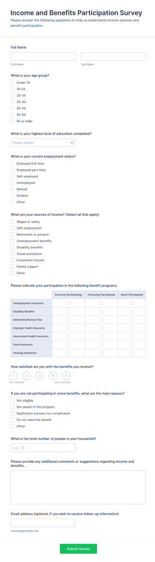 Income And Benefits Participation Survey Form Template