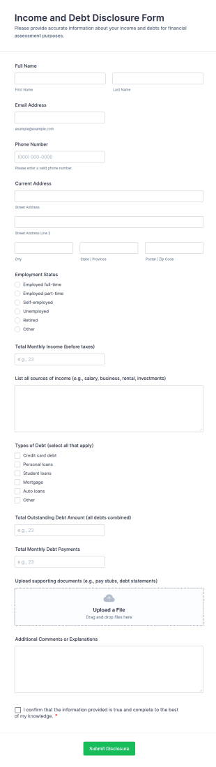 Income And Debt Disclosure Form Template