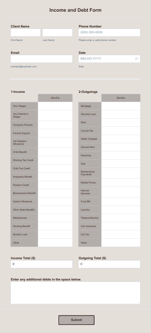 Income And Debt Form Template
