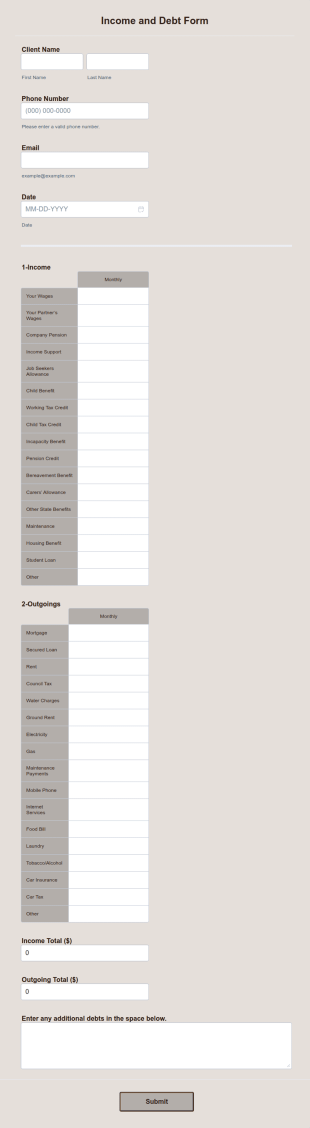 Income And Debt Form Template