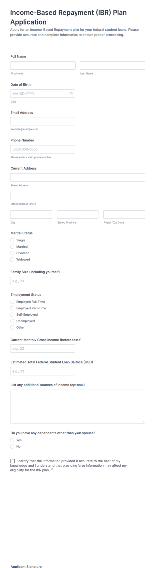 Income Based Repayment (IBR) Plan Application Form Template