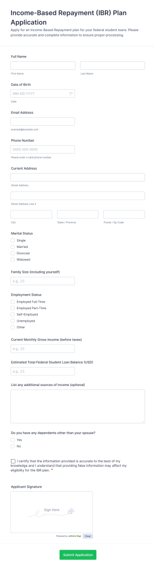 Income Based Repayment (IBR) Plan Application Form Template