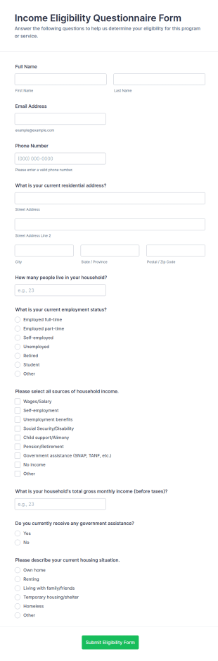 Income Eligibility Questionnaire Form Template