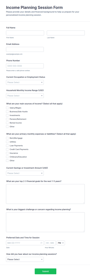 Income Planning Session Form Template