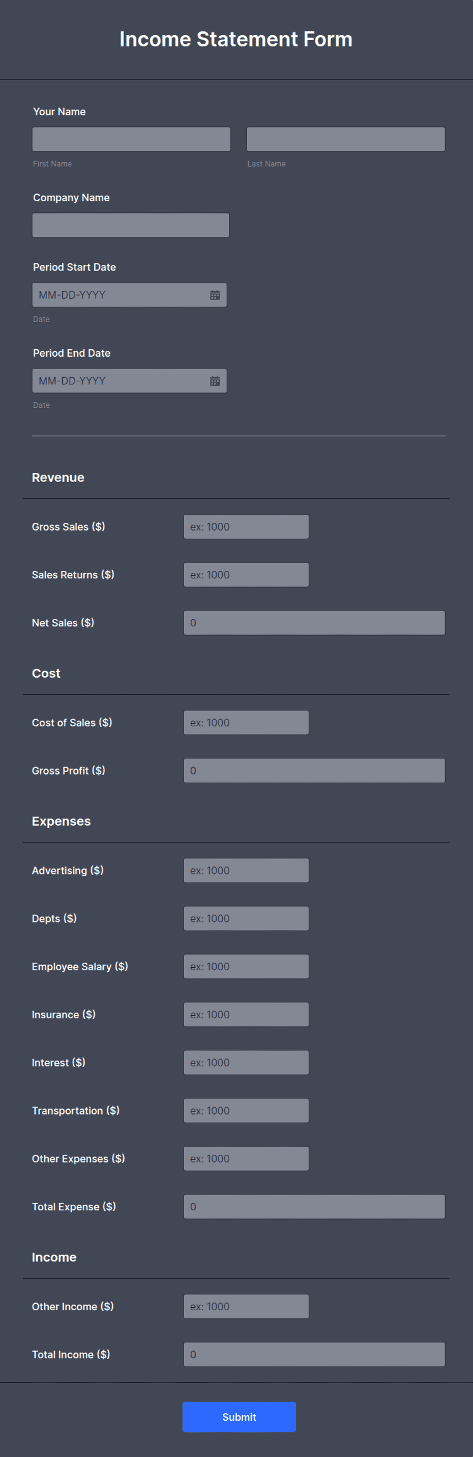 Income Form Example Income Statement Form Template | Jotform