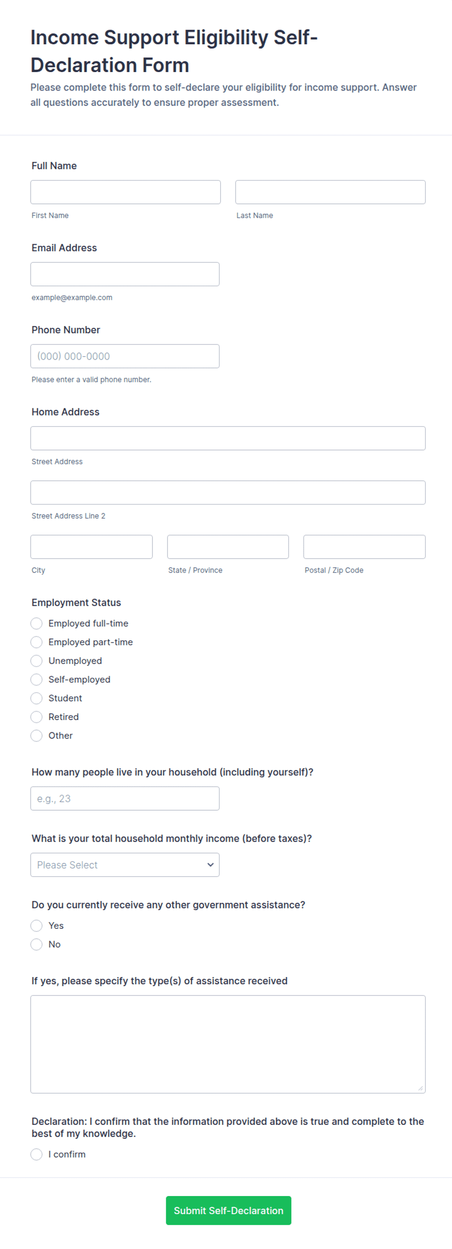 Income Support Eligibility Self-Declaration Form Template | Jotform