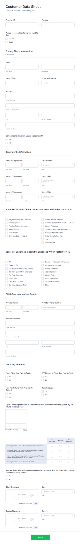 Income Tax Data Form Template
