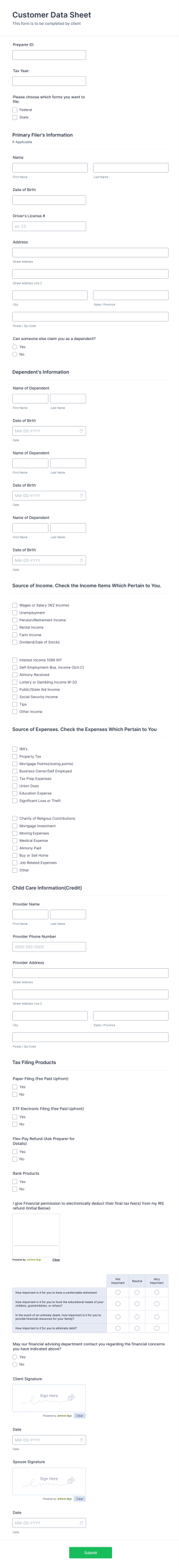 Income Tax Data Form Template