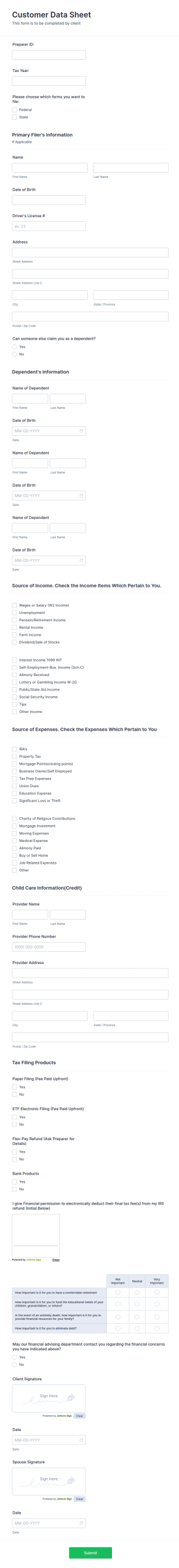 Income Tax Data Form Template