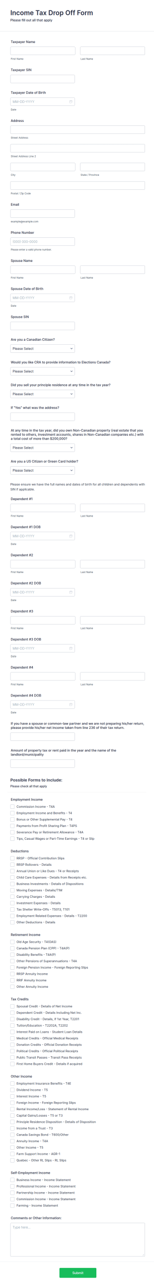 Income Tax Drop Off Form Template