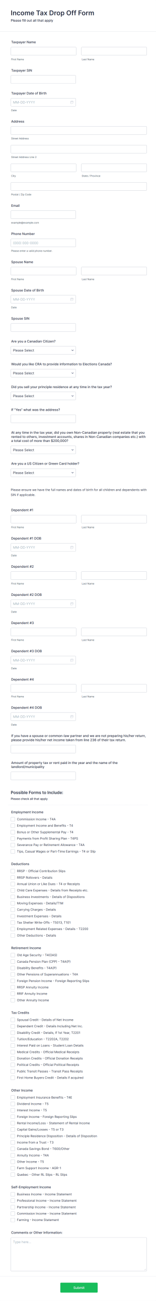 Income Tax Drop Off Form Template