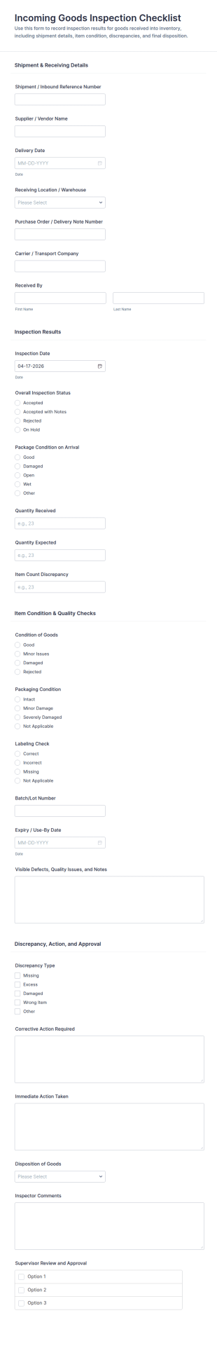 Incoming Goods Inspection Checklist Form Template