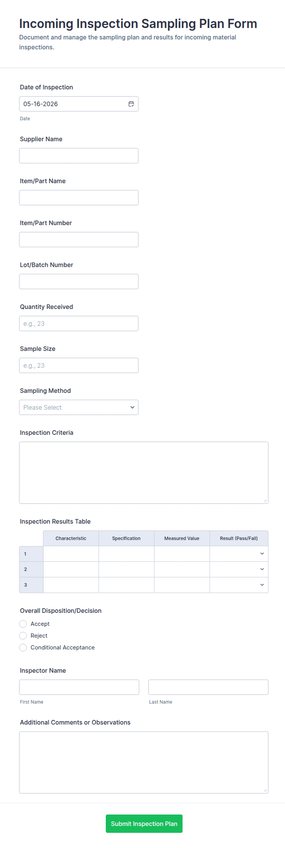 Incoming Inspection Sampling Plan Form Template | Jotform