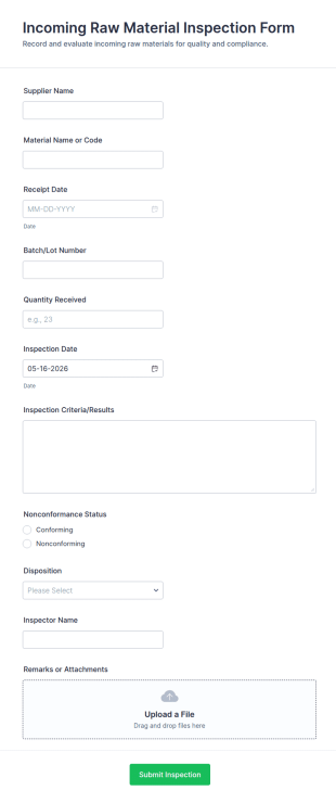 Incoming Raw Material Inspection Report Form Template