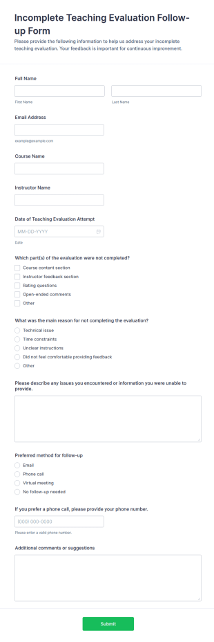 Incomplete Teaching Evaluation Follow Up Form Template