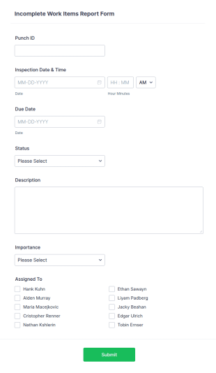 Incomplete Work Items Report Form Template