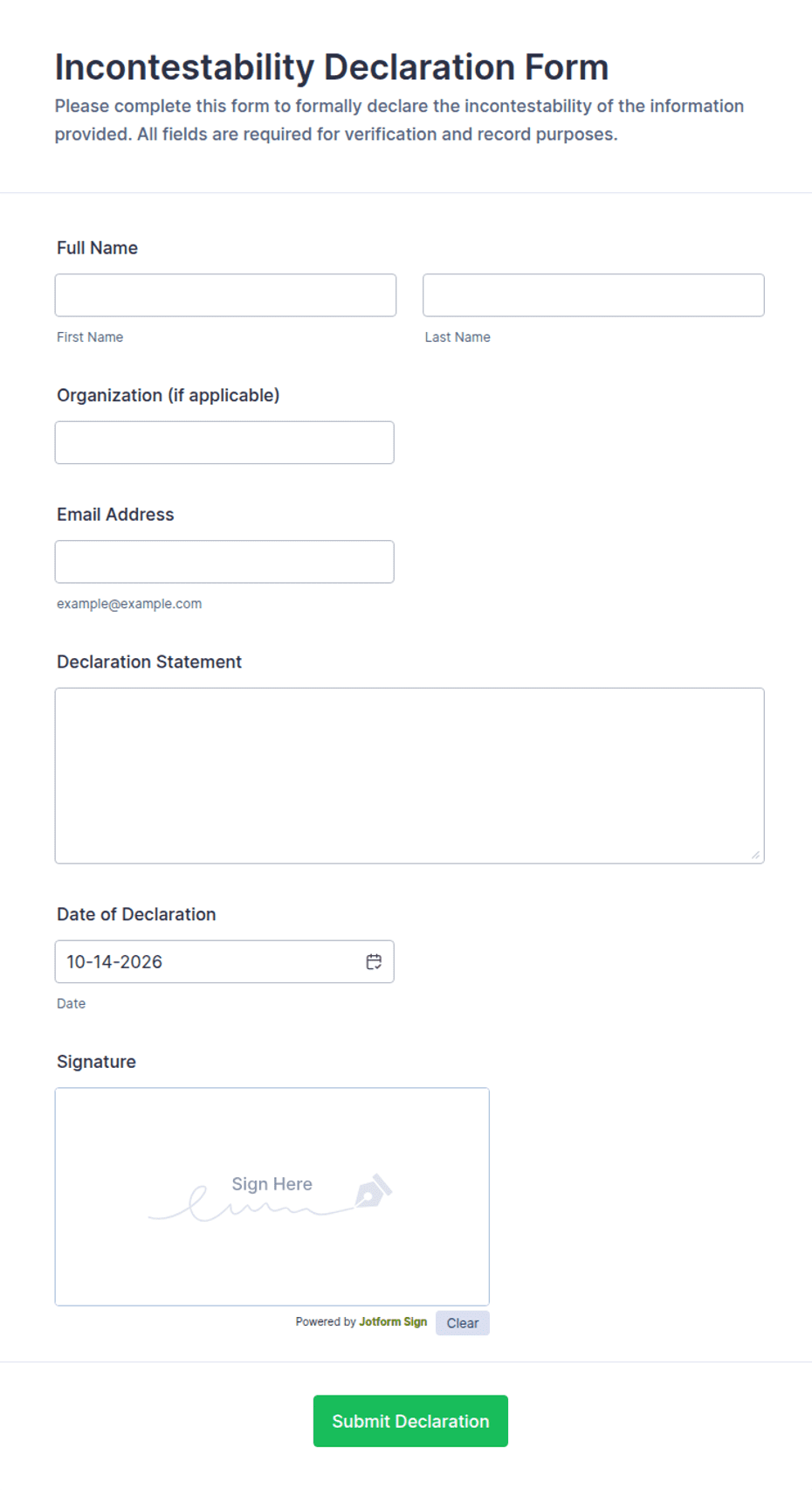 Incontestability Declaration Form Template | Jotform