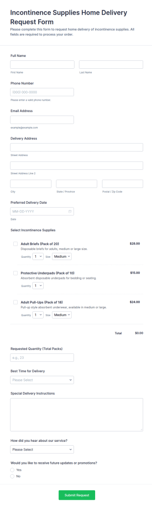 Incontinence Supplies Home Delivery Request Form Template