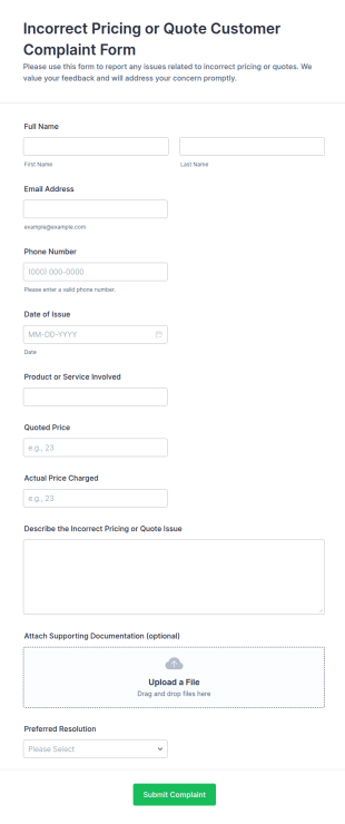 Incorrect Pricing Or Quote Customer Complaint Form Template