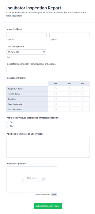 Incubator Inspection Report Form Template