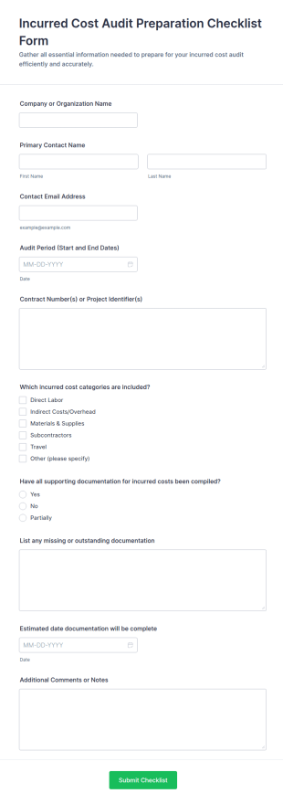 Incurred Cost Audit Preparation Checklist Form Template