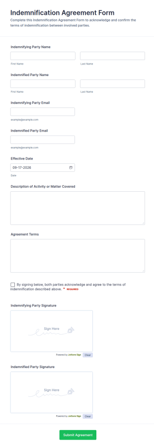 Indemnification Agreement Form Template