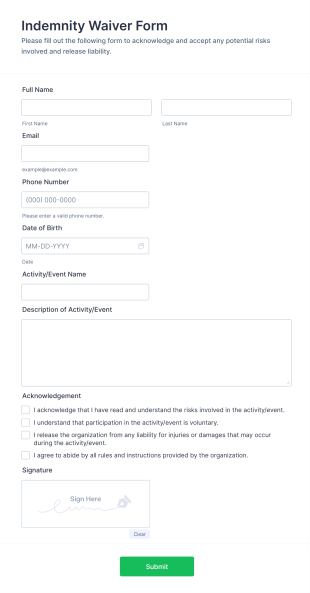 Indemnity Waiver Form Template