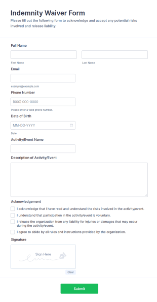 Indemnity Waiver Form Template