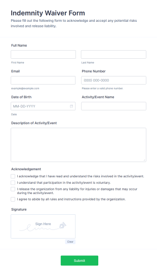 Indemnity Waiver Form Template