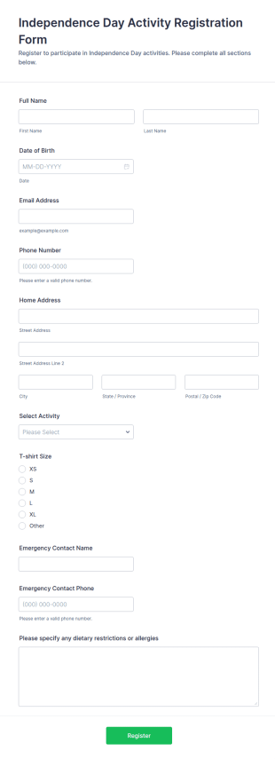 Independence Day Activity Registration Form Template