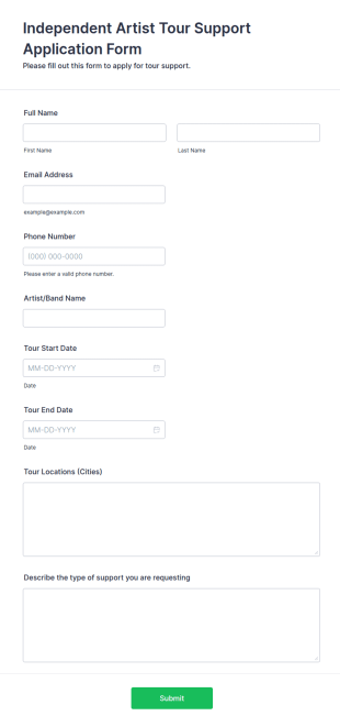 Independent Artist Tour Support Application Form Template
