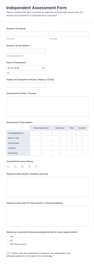 Independent Assessment Form Template